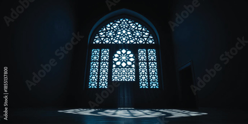 Islamic architecture, Mashrabiya, Arched window, Geometric pattern, Lattice work, Jali screen, Arabic design, Middle Eastern decor, Sacred space, Mosque interior, Dark room, Moody lighting, Silhouette