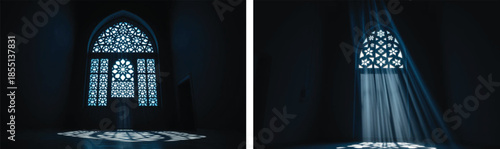 Mystical Islamic Mosque Interior Background Featuring Ornate Mashrabiya Window with Divine Light Rays and Geometric Patterns for Ramadan Kareem and Spiritual Eid Mubarak Religious Design Projects