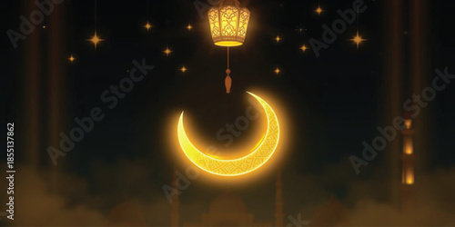 Golden Ramadan Kareem Background with Glowing Crescent Moon and Traditional Lantern under a Starry Night Sky for Islamic Religious Celebration and Eid Mubarak Festival Greeting Card Design