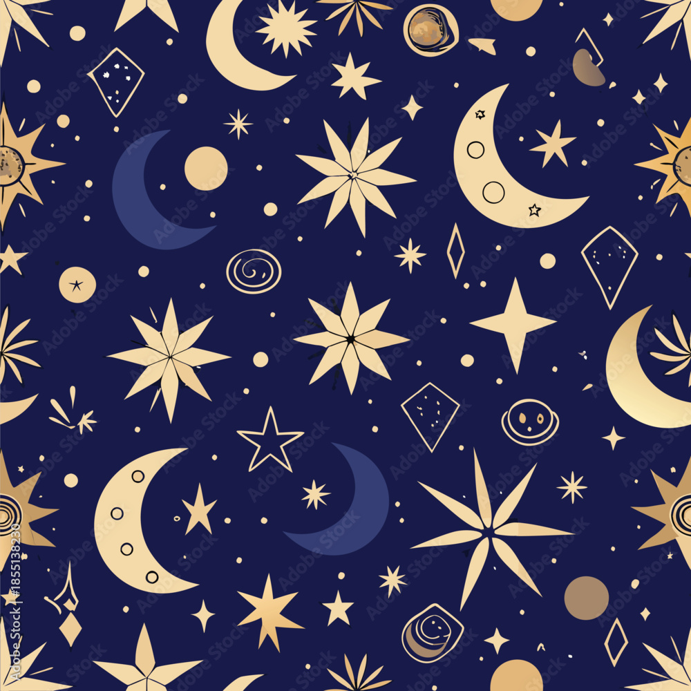 Naklejka premium Night Sky Pattern with Stars and Moons