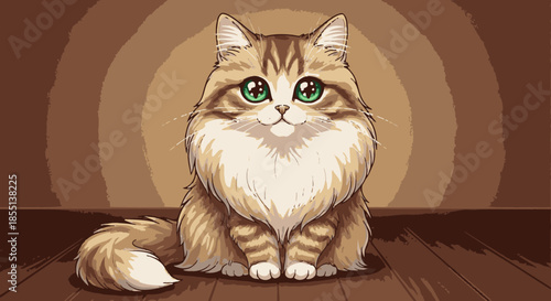 An adorable fluffy cat with captivating green eyes sits patiently, exuding a charming innocence against a warm, earthy brown backdrop.