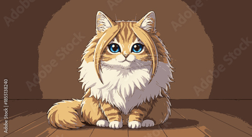 An incredibly fluffy orange and white cat with large, captivating blue eyes sits patiently on a wooden floor, exuding a charming and sweet demeanor.