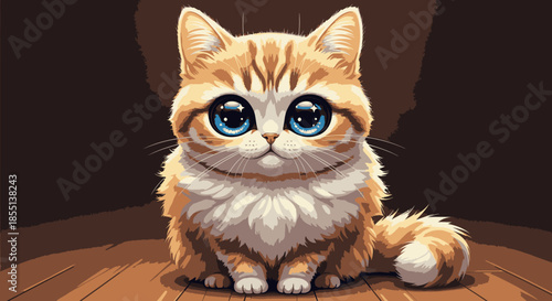 An incredibly adorable fluffy ginger tabby kitten with captivating big blue eyes sits patiently on a warm wooden floor, exuding irresistible charm.