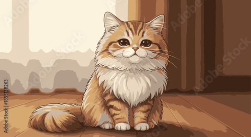 A charming, fluffy tabby cat with warm orange and white fur sits patiently on a polished wooden floor, gazing forward with an adorable, gentle expression.