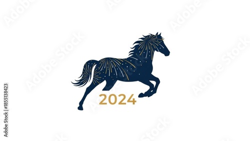 Dark blue horse with gold lines and stars running on white background with 2024 in gold