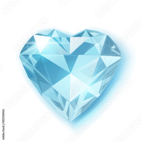 A digital illustration of a heart-shaped diamond with various shades of blue and white, set against a plain white background with subtle glow.