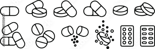 medicine pills black line icons set vector collection art 