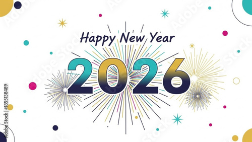 Vibrant happy new year 2026 celebration graphic with colorful fireworks and confetti on white background for festive party decoration