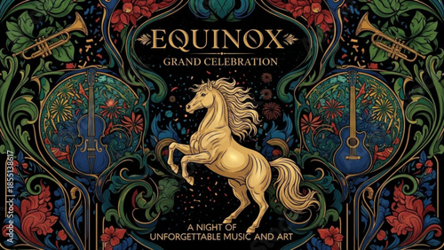 Vibrant equinox celebration poster with golden horse, floral patterns, musical instruments, and art elements on black background