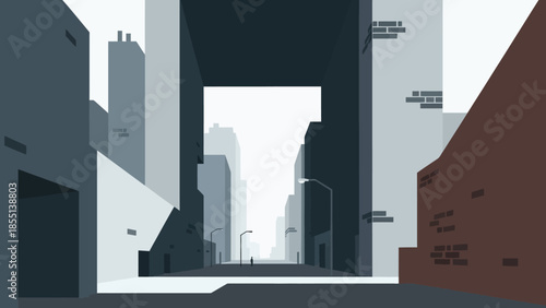 Cityscape Illustration with Skyscrapers and Alleyway.