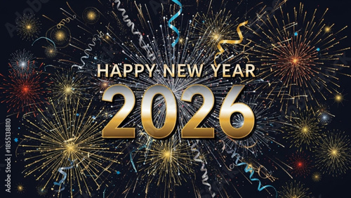Happy new year 2026 celebration with colorful fireworks and ribbons on dark background