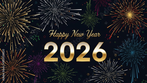 Happy new year 2026 celebration with colorful fireworks exploding in night sky