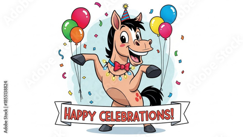 A cheerful cartoon horse wearing a party hat and bow tie celebrates with colorful balloons and confetti for happy celebrations