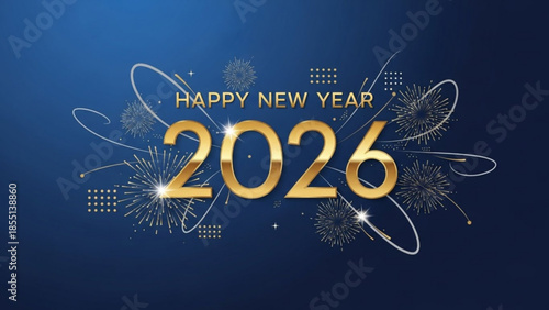 Happy new year 2026 celebration with gold numbers and fireworks on blue background