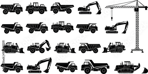 Construction Heavy Machinery Vector Silhouette Set Featuring Excavators Dump Trucks Cranes Bulldozers and Industrial Earth Moving Equipment Icons for Building Industry