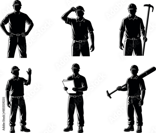 Collection of professional construction worker silhouettes in hard hats holding tools and blueprints for industrial labor and site engineering concepts