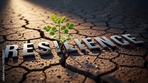 Motivational quote typography over ultra realistic cracked ground with green plant growth, resilience and hope concept, cinematic lighting, premium stock image quality