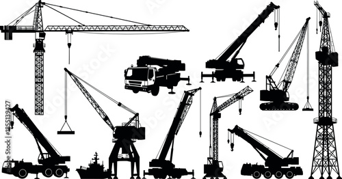 Heavy industrial crane silhouettes set featuring construction machinery tower mobile crawler and harbor lifting equipment icons for building engineering project design