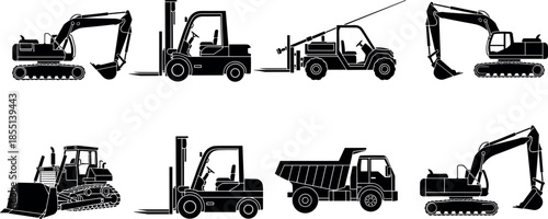 Heavy Construction Machinery Silhouettes Set Featuring Excavators Forklifts Bulldozer and Dump Truck Icons for Industrial Building and Engineering Vector Graphics