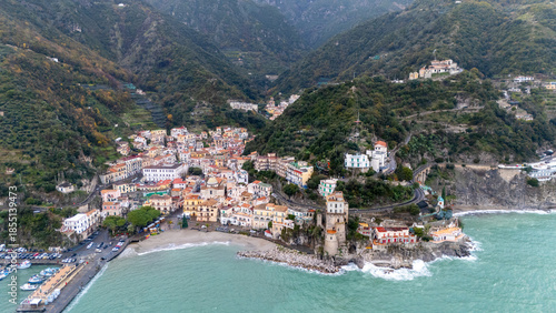 Drone aerial view of Cetara beautiful cliff city of the Amalfi Coast