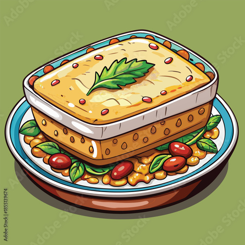Cartoon illustration of a dish of lasagna with beans
