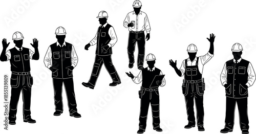 Set of construction worker silhouettes in hard hats wearing safety vests and overalls performing various site actions for industrial projects
