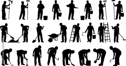 Set of construction worker silhouettes including painters with rollers, builders with shovels, laborers with wheelbarrows, and handyman figures for industry.