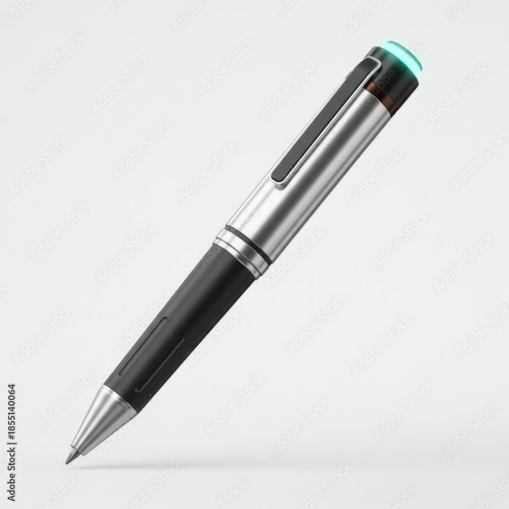 Naklejka premium Silver and Black Ballpoint Pen with Green Light on Top Isolated on White