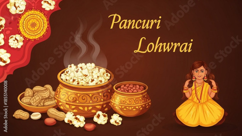 Festive Lohri Feast: The image captures a vibrant celebration, with steaming popcorn, traditional sweets, and an array of festive food items. All arranged to create a colorful display