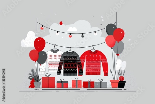 Flat illustration of a holiday party corner featuring ugly Christmas sweaters, balloons, fairy lights and winter decorations, clean minimal lines