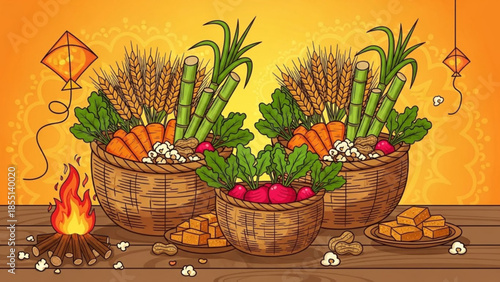 Harvest Bounty: A vibrant illustration showcasing baskets overflowing with seasonal produce, symbolizing abundance and the spirit of harvest celebrations.  