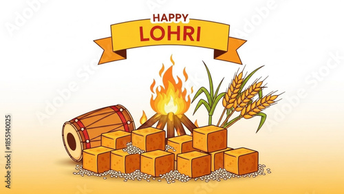 Happy Lohri Celebration: A festive illustration embodies the joyous spirit of Lohri, featuring a crackling bonfire, traditional sweets, a vibrant banner.
