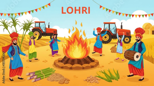 Celebration of Lohri Festival: Illustration of people gathered around a bonfire, capturing the essence of the harvest festival, with vibrant colors and lively expressions.