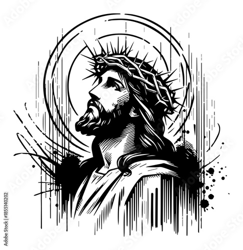 Jesus Christ Portrait with Crown of Thorns - Vector Religious Sketch