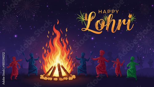 Lohri Celebration: Vividly rendered, this image captures the spirit of Lohri, a vibrant cultural celebration, with a blazing bonfire at its heart and dancers adding motion under a starlit night.