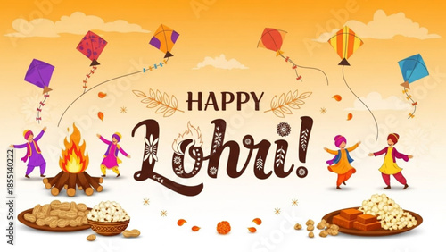Lohri Festival Celebration: A vibrant illustration depicts the Lohri festival, celebrating with bonfire, kites, and traditional sweets, embodying the joyous spirit of harvest.