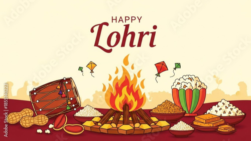 Lohri Celebration: This image captures the essence of Lohri, showcasing traditional elements like bonfire, food and drum, evoking the spirit of the festive celebration.