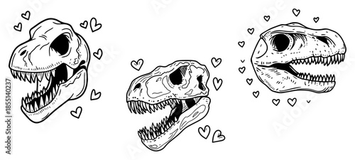 Dinosaur Skulls with Hearts - Vector Valentine T-Rex Sketch