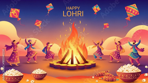 Lohri Celebration: A vibrant Lohri celebration unfolds, with a bonfire blazing and dancers rejoicing under a starry sky.