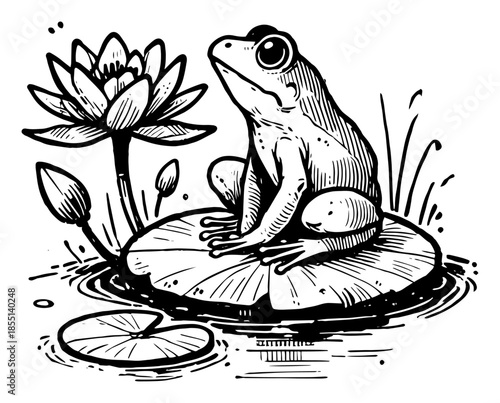 Frog Sitting on Water Lily Leaf - Vector Pond Animal Sketch