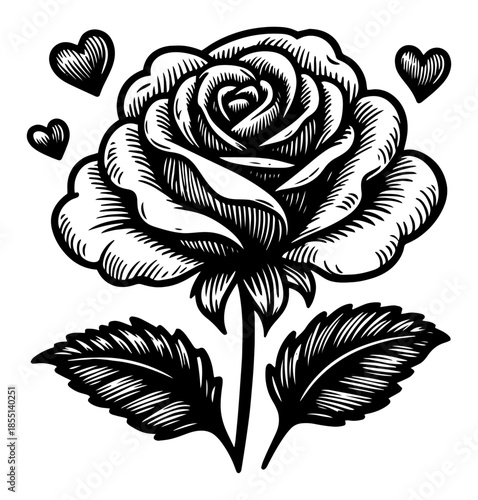 Rose Flower with Hearts - Vector Vintage Engraving Illustration