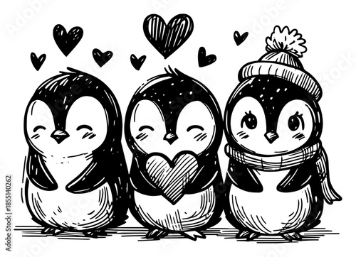Three Cute Penguins with Hearts - Vector Winter Valentine Sketch