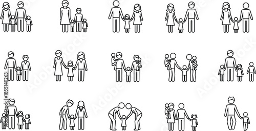 Happy family icons set with parents and children, various parent child silhouettes, parenting, care, protection, diversity, vector line illustration collection