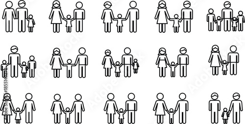 Happy family icons collection with parents and children, line style silhouettes, parenting, care, protection, vector illustration set for posters and infographics