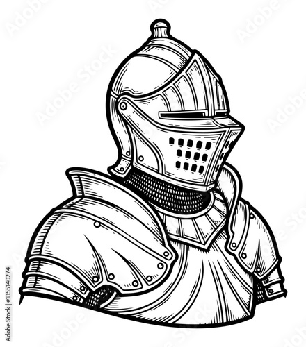 Medieval Knight in Armor - Vector Vintage Engraving Helmet Sketch