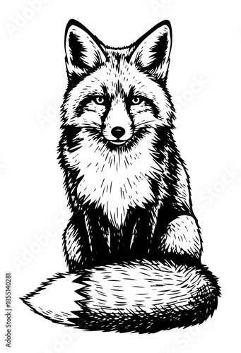 Red Fox Sitting - Vector Wild Animal Engraving Illustration