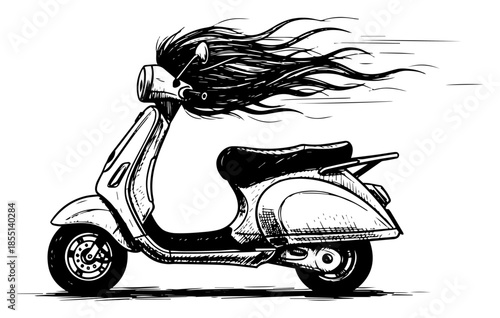Retro Scooter with Flying Hair - Vector Fast Motorbike Sketch
