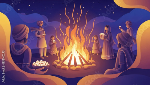 Lohri Celebration: A festive illustration of people gathered around a blazing bonfire under a starlit night, embodying cultural warmth and communal joy.