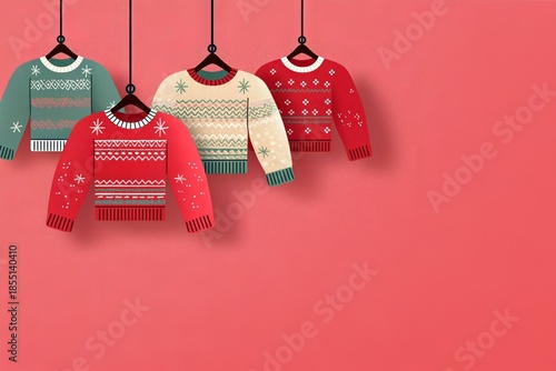 Minimalist christmas party banner illustration featuring ugly sweater patterns as abstract decorative elements, simple shapes, modern flat design