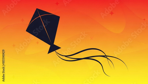 Soaring Silhouette: A solitary kite dances against a gradient sunset backdrop, its graceful form and flowing tail symbolizing freedom and childhood delight.